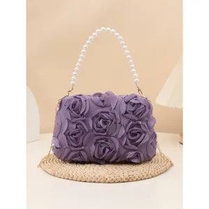 Stylish purple 3D rose flower handbag with elegant faux pearl handle for daily urban women.