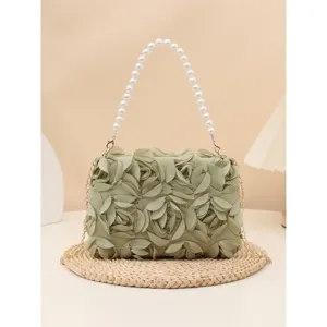 Chic green 3d rose flower handbag with pearl handle and chain strap for daily urban women.