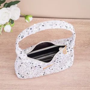 Fashionable white sequin underarm bag for women, versatile summer shoulder handbag with zip.