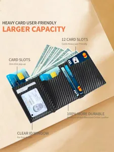 Carbon fiber texture multi-slot men's card holder wallet with ID window and large capacity.