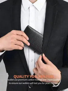 Detail shot of men's carbon fiber texture wallet card holder showing slim business pocket design.