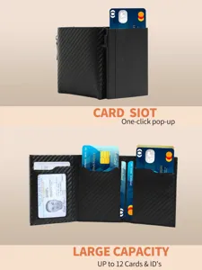 Carbon fiber texture card holder detail, one-click pop-up slot and multi card pockets.