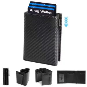 Men's Trifold Carbon Fiber Texture Wallet Multifunctional PU Leather Card Holder With Pop-up Card Slot And Zipper Pocket