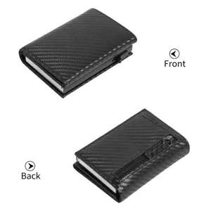 Minimalist carbon fiber men's wallet with pop-up card case and secure zipper pocket.