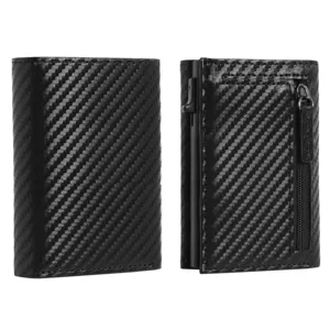 Men's minimalist carbon fiber wallet with pop-up card holder and zipper coin pocket design.