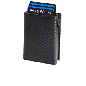 Men minimalist carbon fiber credit card holder slim metal popup wallet with RFID blocking.