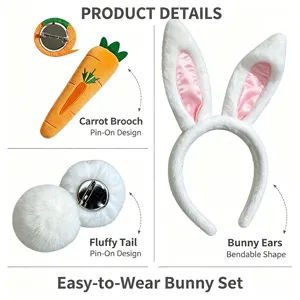 Bunny ears headband, carrot brooch, and fluffy tail set for easter party costume.