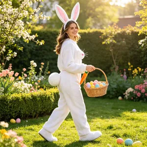 Details of the plush bunny onesie costume with cute ears and tail for Easter festival fun.