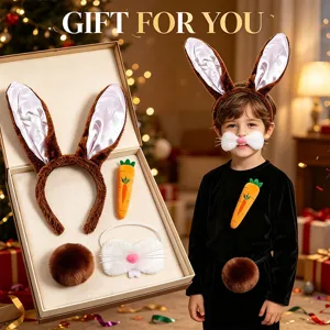 Kids Easter Halloween bunny ears headband costume set with plush tail and cute carrot props.