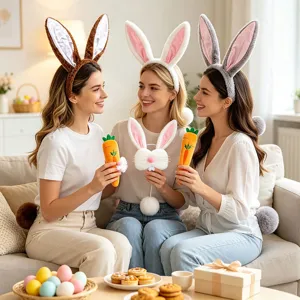 Easter bunny ears headband, fluffy tail and carrot props set for holiday party.