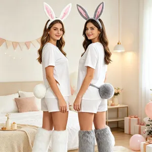 Detailed view of the cute fluffy bunny ears headband and tail set, perfect for holiday party.