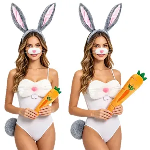 Easter bunny costume set with plush ears headband, nose mask, bodysuit, and carrot prop.