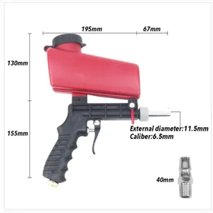Vista dettagliata della pistola di sabbiatura pneumatica con dimensioni e specifiche precise.