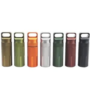 Aluminum waterproof capsule detail view showing multi-color options with textured grip.