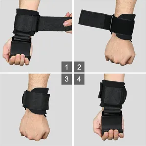 Fitness weightlifting wrist straps with steel hook neoprene support for heavy gym training.