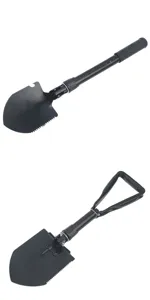 Multi-functional foldable tactical camping shovel detail view, portable outdoor survival tool.