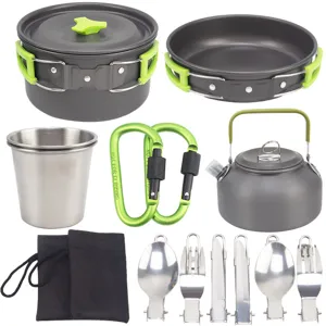 Outdoor Camping Cookware Set Portable Stainless Steel Pot Frying Pan Teapot Combo Hiking Picnic Cooking Equipment