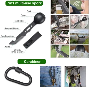 Coltello posata di sopravvivenza all'aperto multiuso e moschettone con vari dettagli.