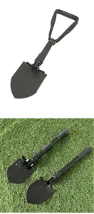 Multipurpose folding shovel detail showcasing serrated edge and sturdy triangular handle.