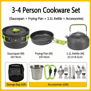 Camping cookware mess kit for 3-4 persons portable pot pan kettle outdoor camping set gear