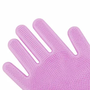 Silicone dishwashing cleaning gloves detail close up showing anti slip textured dotted design.