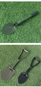 Detail shot of the multifunctional folding camping shovel with metal blade and portable design.