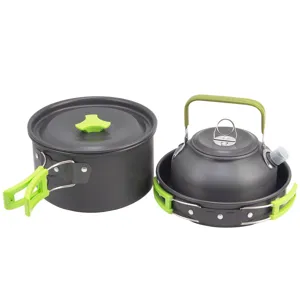 Outdoor camping portable cookware set with folding handles and kettle detail view