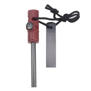 Detail view of the 3-in-1 survival fire starter featuring a magnesium rod, striker and compass.