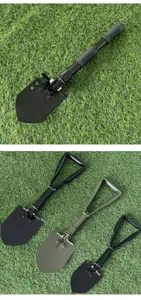 Close-up detail of the portable folding tactical shovel showing sturdy metal blade and handle.