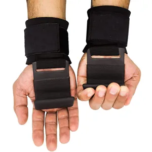 Professional weightlifting wrist straps with hooks for gym strength training and pull-ups.