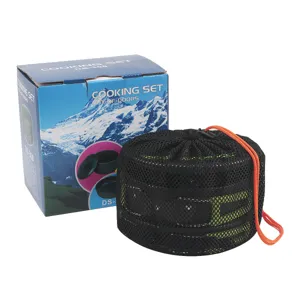 Outdoor camping cooking set with portable mesh bag and packaging box, ideal for hiking.