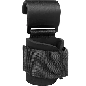 Black weightlifting wrist straps with steel hook for heavy gym training and fitness support.