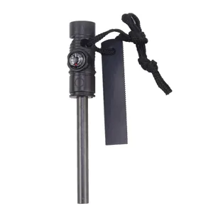 Reliable 3-in-1 survival fire starter with magnesium rod, compass, and tactical tool.