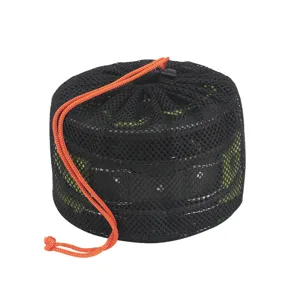 Portable camping cookware set in black mesh bag, ideal for outdoor cooking, lightweight design.