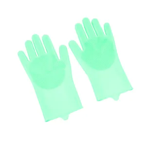Silicone cleaning gloves with brush palms, mint green dishwashing and kitchen cleaning tool.
