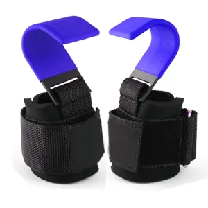 Professional weightlifting wrist hooks with padded straps for gym strength training fitness.