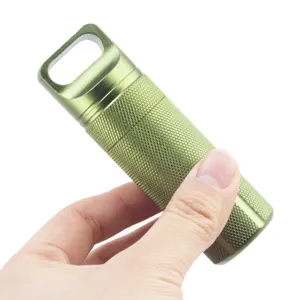 Green aluminum waterproof capsule container, outdoor survival storage bottle for pills, EDC gear.