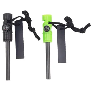 3-in-1 survival fire starter magnesium rod with compass and scraper detail view for outdoor camping.