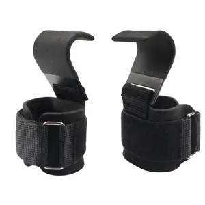 Black weightlifting wrist straps with steel hooks for gym training, heavy duty support.