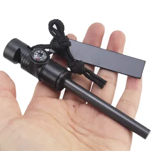3-in-1 survival fire starter with magnesium rod, compass and whistle for outdoor camping.