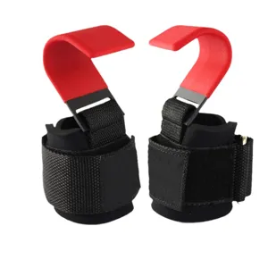 Fitness weightlifting power hooks detail, red hook with black diving material wrist strap for secure grip.