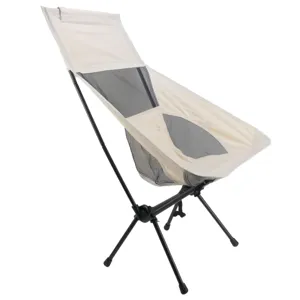 Outdoor portable folding chair detail view, breathable mesh fabric and sturdy black frame.
