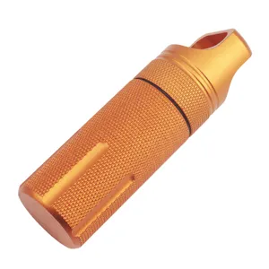 Closeup detail of the orange aluminum waterproof container showing knurled texture and seal ring.