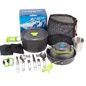 Outdoor camping cookware set portable camping pots kettle mess kit with cutlery and bags.