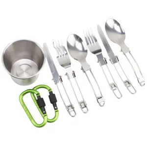 Outdoor camping stainless steel folding cutlery set with portable cup and carabiners.
