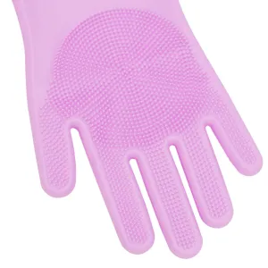 Pink silicone dishwashing gloves with scrubbing bristles for kitchen cleaning and washing.