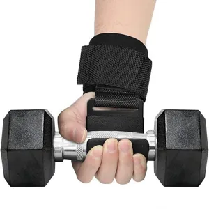 Fitness weightlifting wrist strap with hook and palm protector for gym strength training.