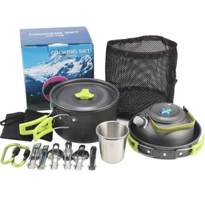 Portable outdoor camping cookware set with pots kettle cups and cutlery kit details.