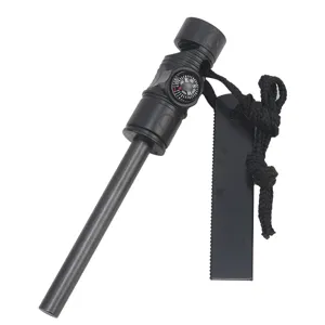 Multifunctional survival fire starter with magnesium rod, built-in compass and metal striker.