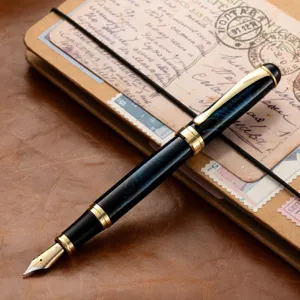 Stylo plume classique avec corps à motif noir et bleu et garniture dorée pour calligraphie.